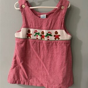Red Gingham Kids Dress with Gingerbread Design